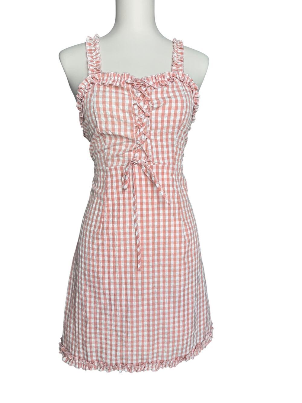 Very J Pink White Gingham Ruffle Lace Up Mini Dress Cottagecore Size Large